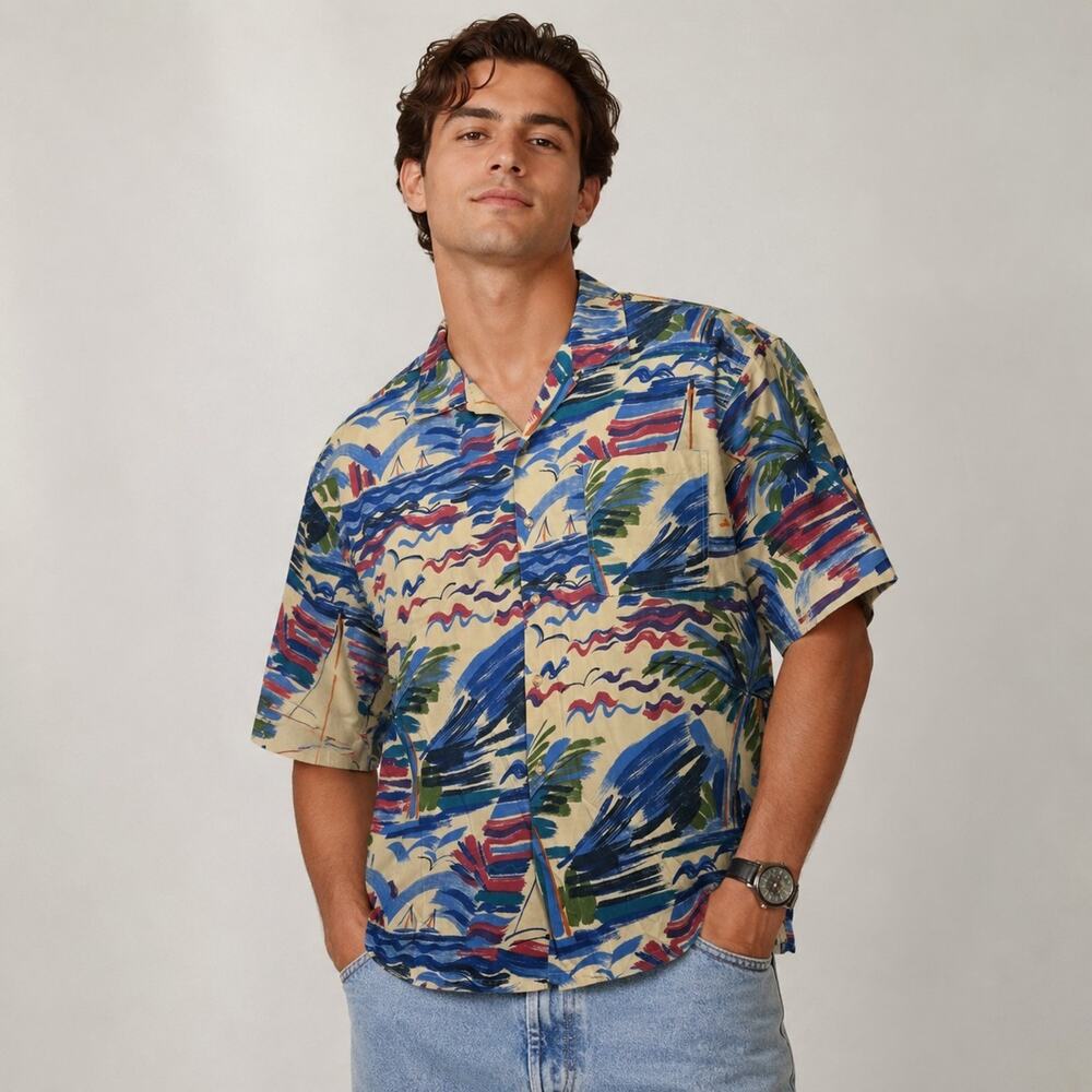 Vintage 90s Newport Blue Mens Hawaiian Sailboat All Over Print Shirt XL Cruise